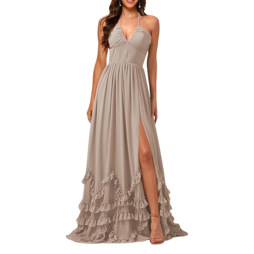 Elegant Halter Maxi Dress in Taupe
